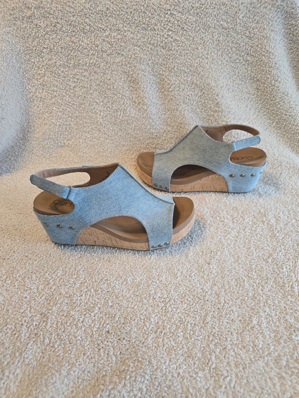 Corkys Carley Wedge Slingback Sandals Denim Blue Studded Open Toe Women’s Size 9