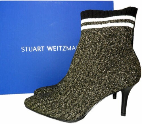 Stuart Weitzman Sock Boots Waverly Ankle Black Gold Stretch US 7.5 MSRP $300+