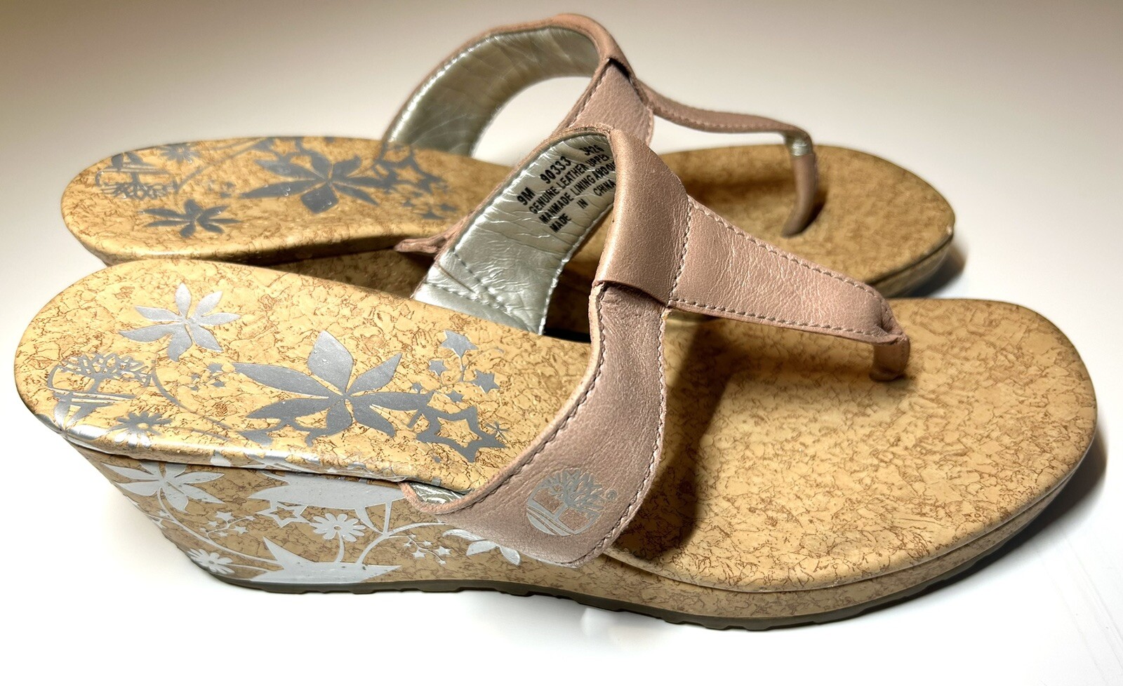 TIMBERLAND Cork Wedge Flip Flop SIZE 9 Tan Leather Thong Slip On Sandal Floral