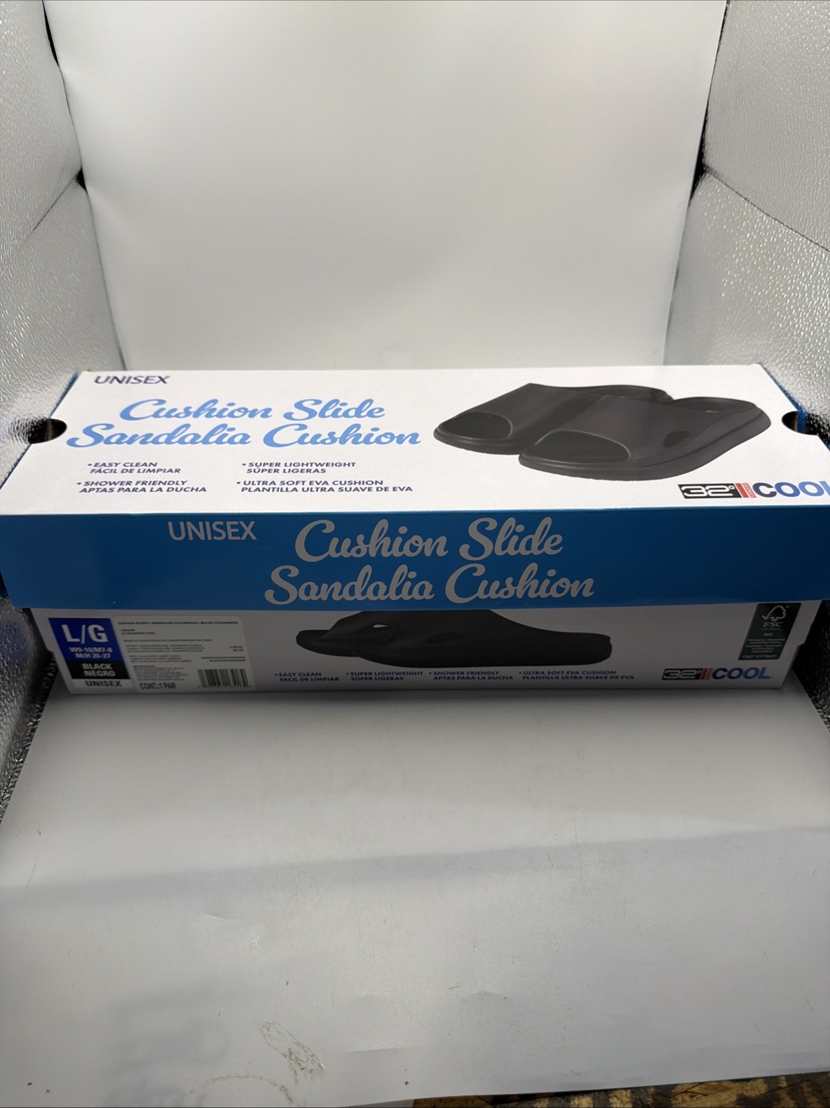 32 Degree Cool Cushion Slide, Wear anywhere, Size Large Black. W9-10, M 7-8