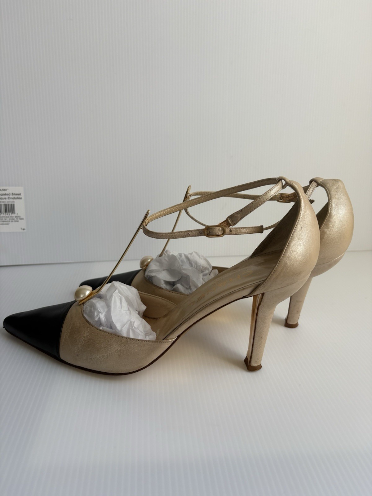 CHANEL CC LOGO FAUX PEARL STRAPS HEEL PUMPS 38.5 US 8-8.5 Two Tone