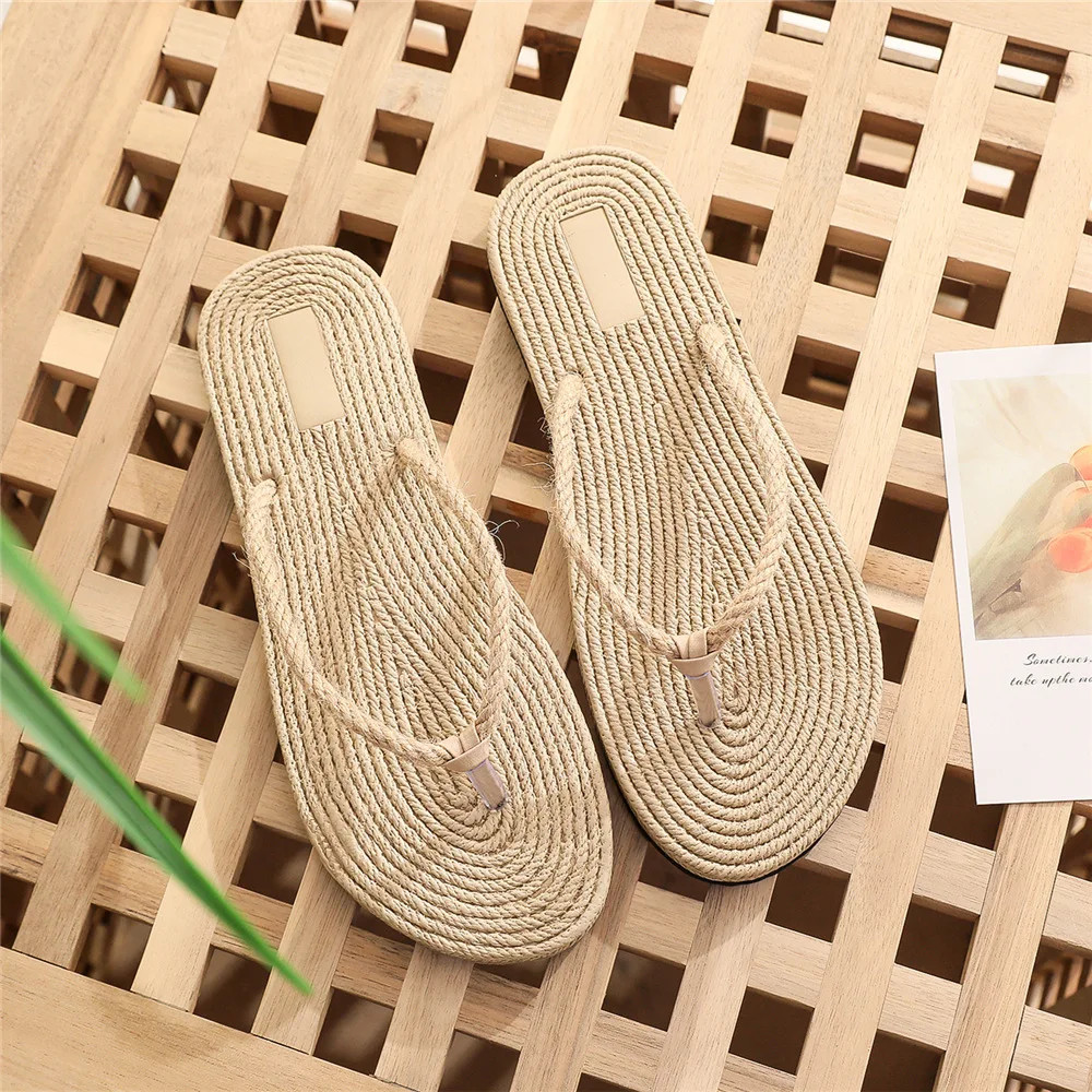 2025 Women Indoor Floor Flat Shoes Linen Flip Flops Home Slippers Female Slipper