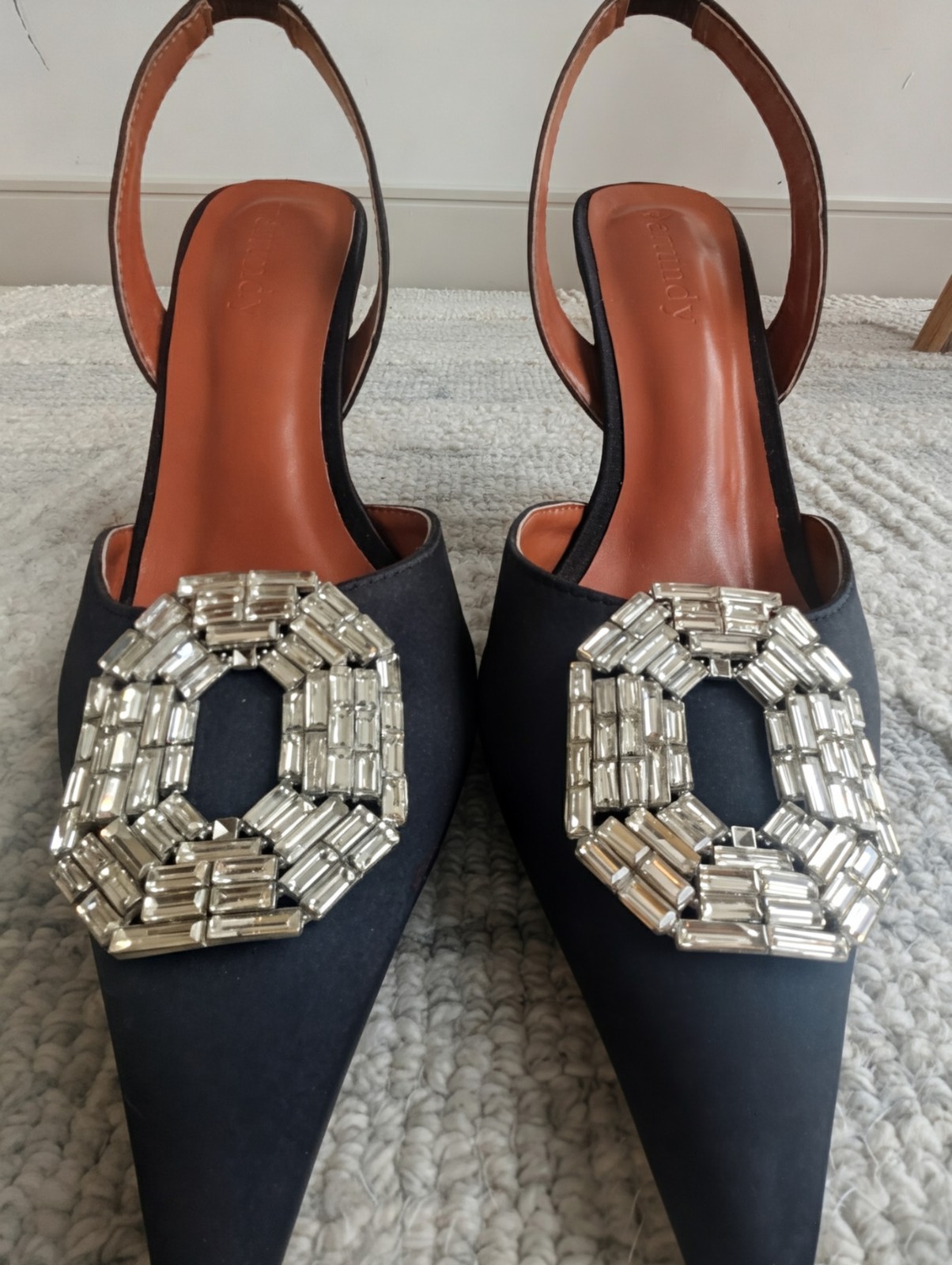 Vertundy Women’s Black Slingback Pointed Toe Stiletto Heels Rhinestone Buckle