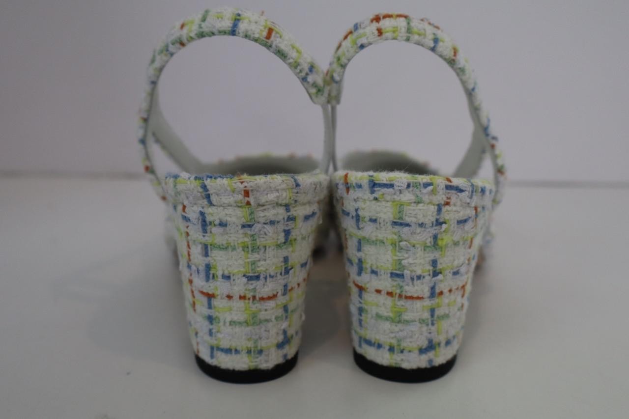 CHANEL White Multicolor Tweed/Black Grosgrain Cap Toe Slingbacks 38.5/US 8.5