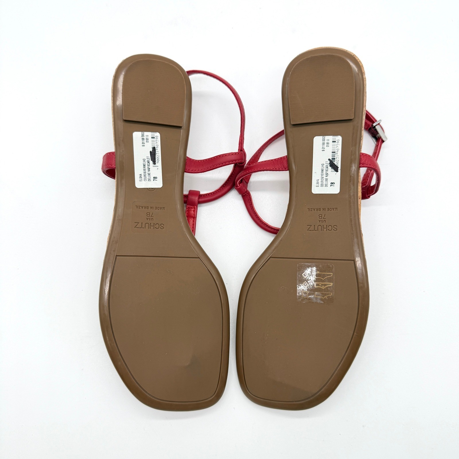 SCHUTZ Elsha Sandals Womens 7B Red Cork Strappy Flat Thong Buckle Ankle Strap