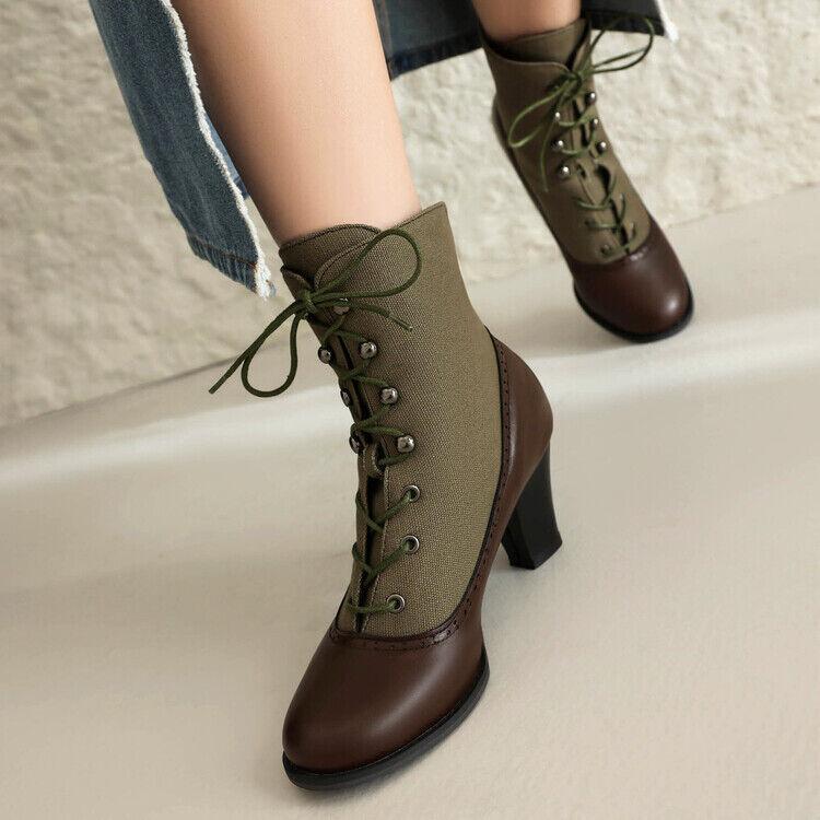 Women’s Ankle Boots Splicing Low Heel Lace Up Shoes Canvas Leather Patchwork NEW