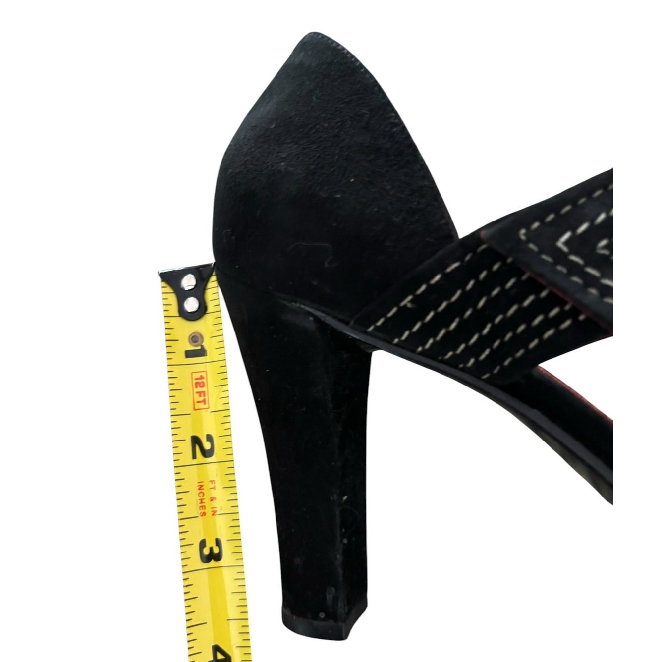 Vintage Michelle K Ankle Strap Heels Size 8.5 Black Suede Whipstitch Dance