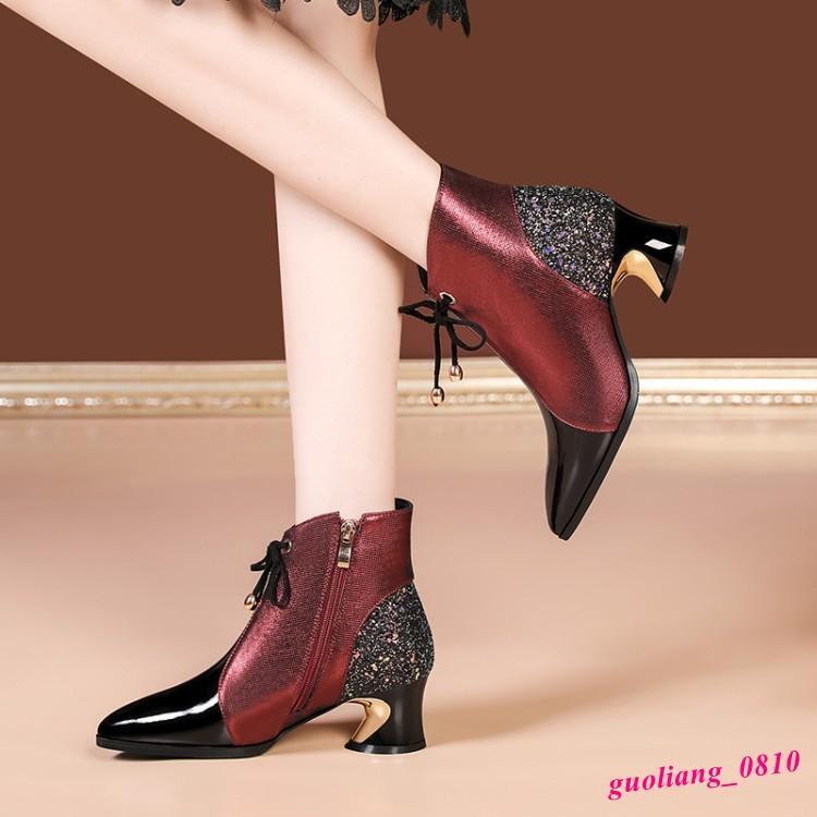 Women’s Leather Ankle Boots Formal Shoes Chunky Heel Pointed Toe
