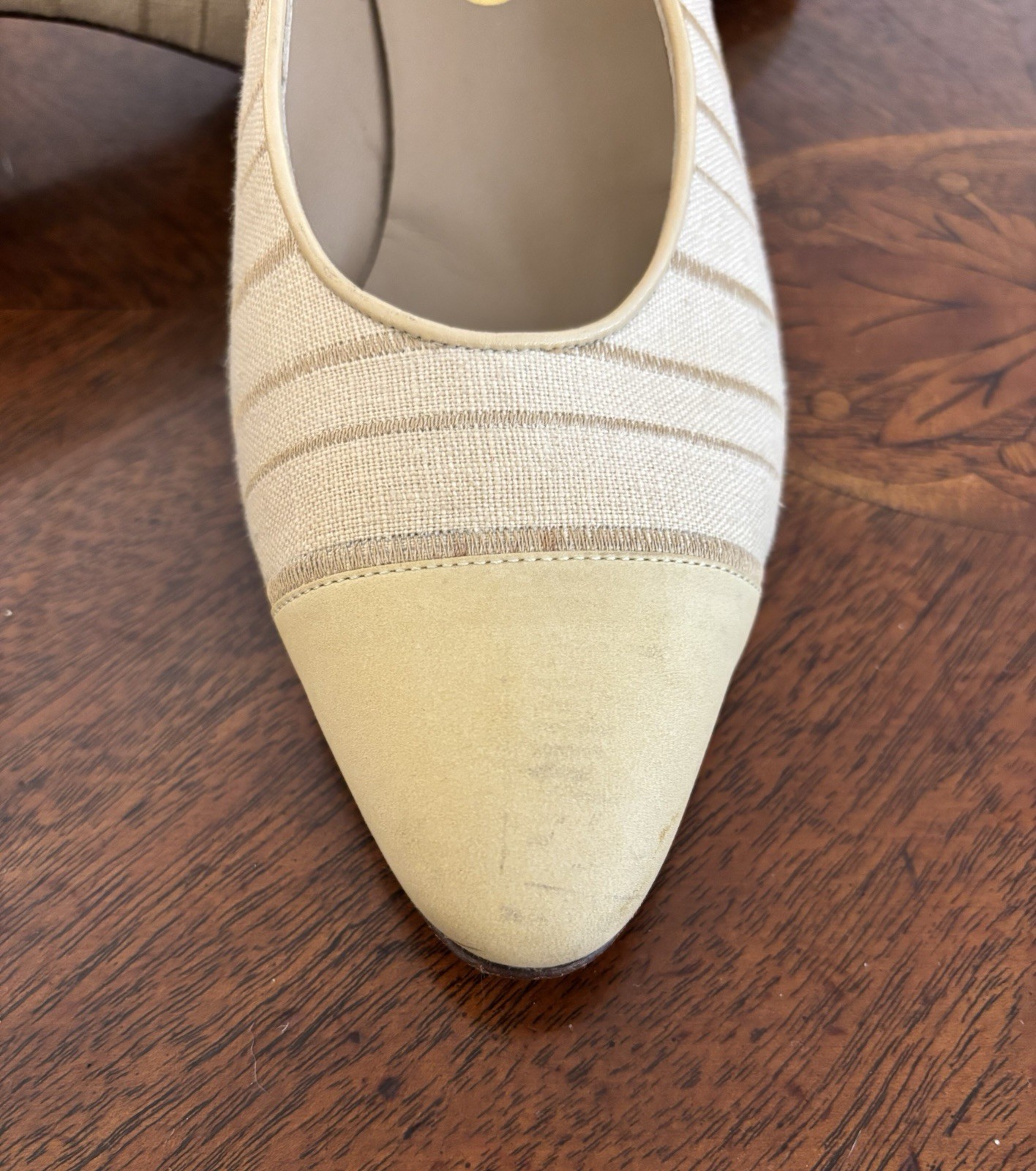 Salvatore Ferragamo Vintage Pumps Cream Beige Striped Canvas Leather Size 10.5 B