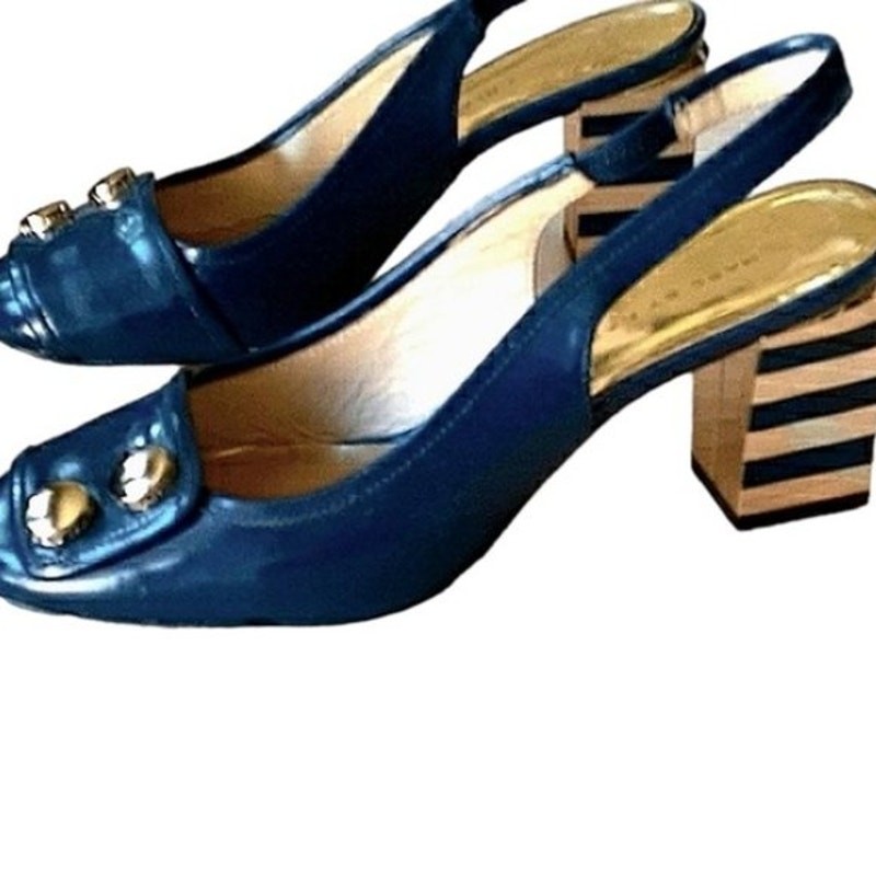 Marc by Marc Jacobs Sliingbacks Blue Gold Striped Heels 35.5 Art Deco City Chic