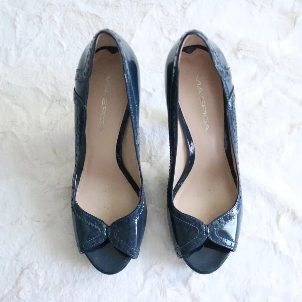 Vintage Navy Open Toe Pump Heel Italian Women’s Size 7