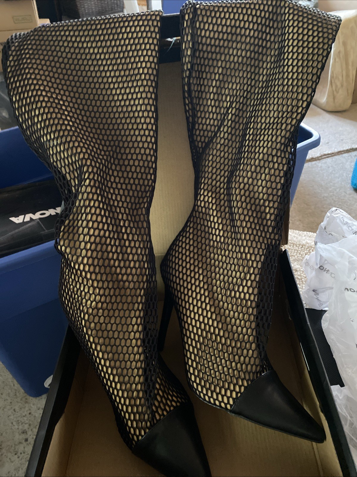 Sz 11 Fashion Nova Knee High Nude Combo Fishnet Boots NIB Dust Bags