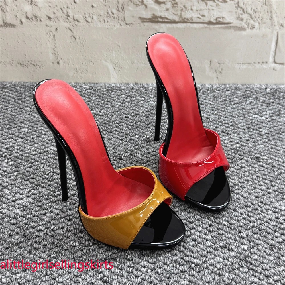 Women 16cm Mules Sexy Stilettos Slippers Patent Leather Summer High Heels Pumps