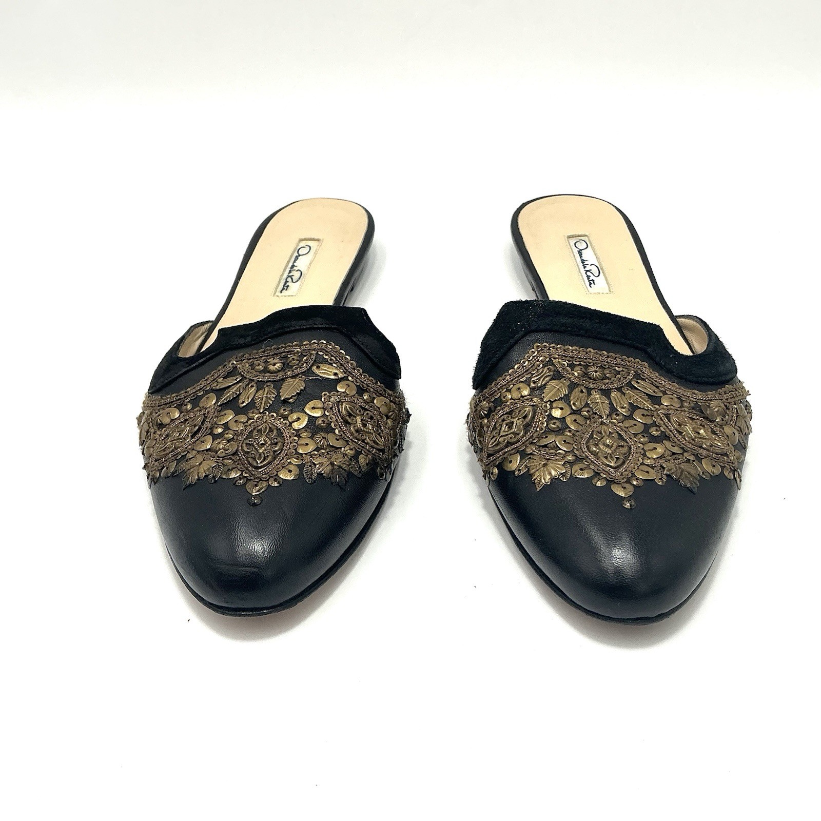 Oscar de la Renta Black Leather Embellished Mules Slip-on Flats Slides Size 9 US