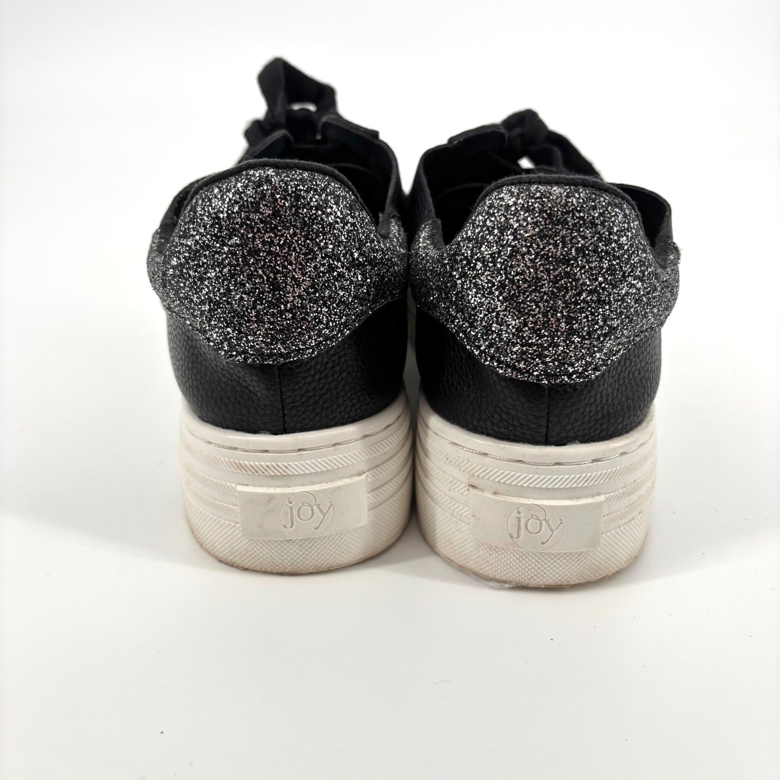 Joy Platform Comfort Leather Sneakers Size 10W Black White Glitter Heel Casual