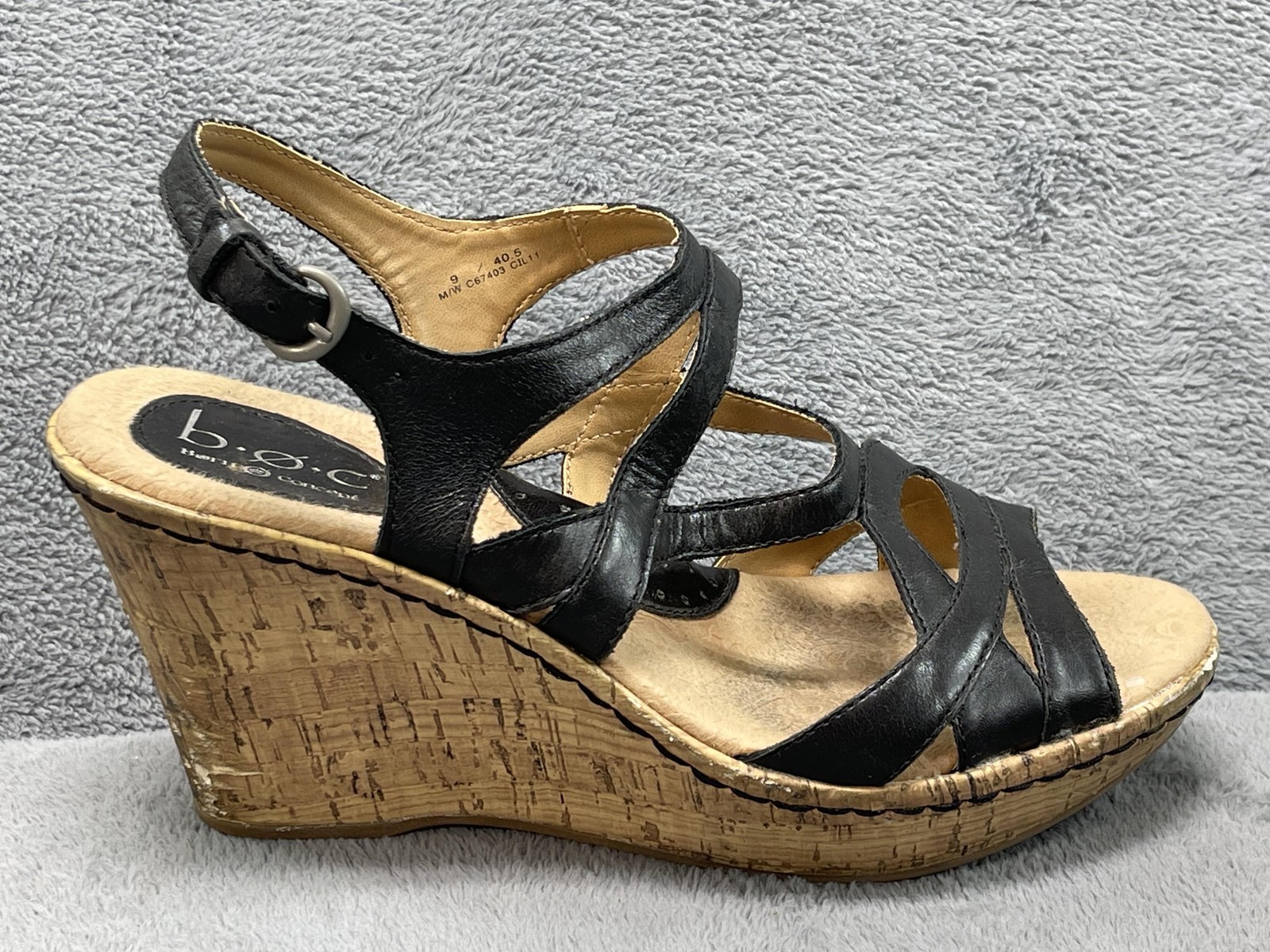 B.o.c Sandals Womens Size 9 Black Faux Leather Strappy Wedge Platform C67403