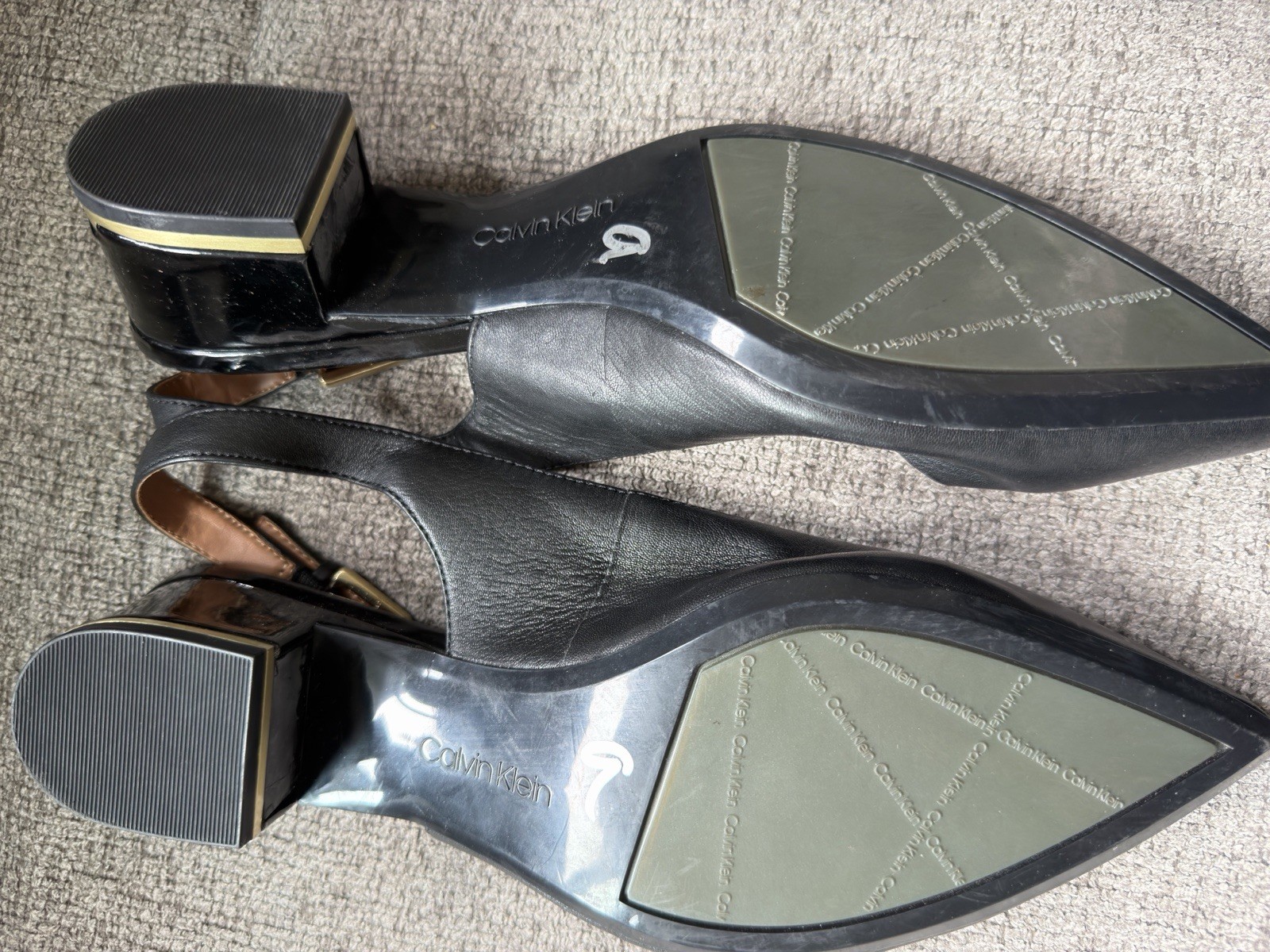 Calvin Klein Women’s Black Leather Pointed Toe Slingback Buckle Block Heels