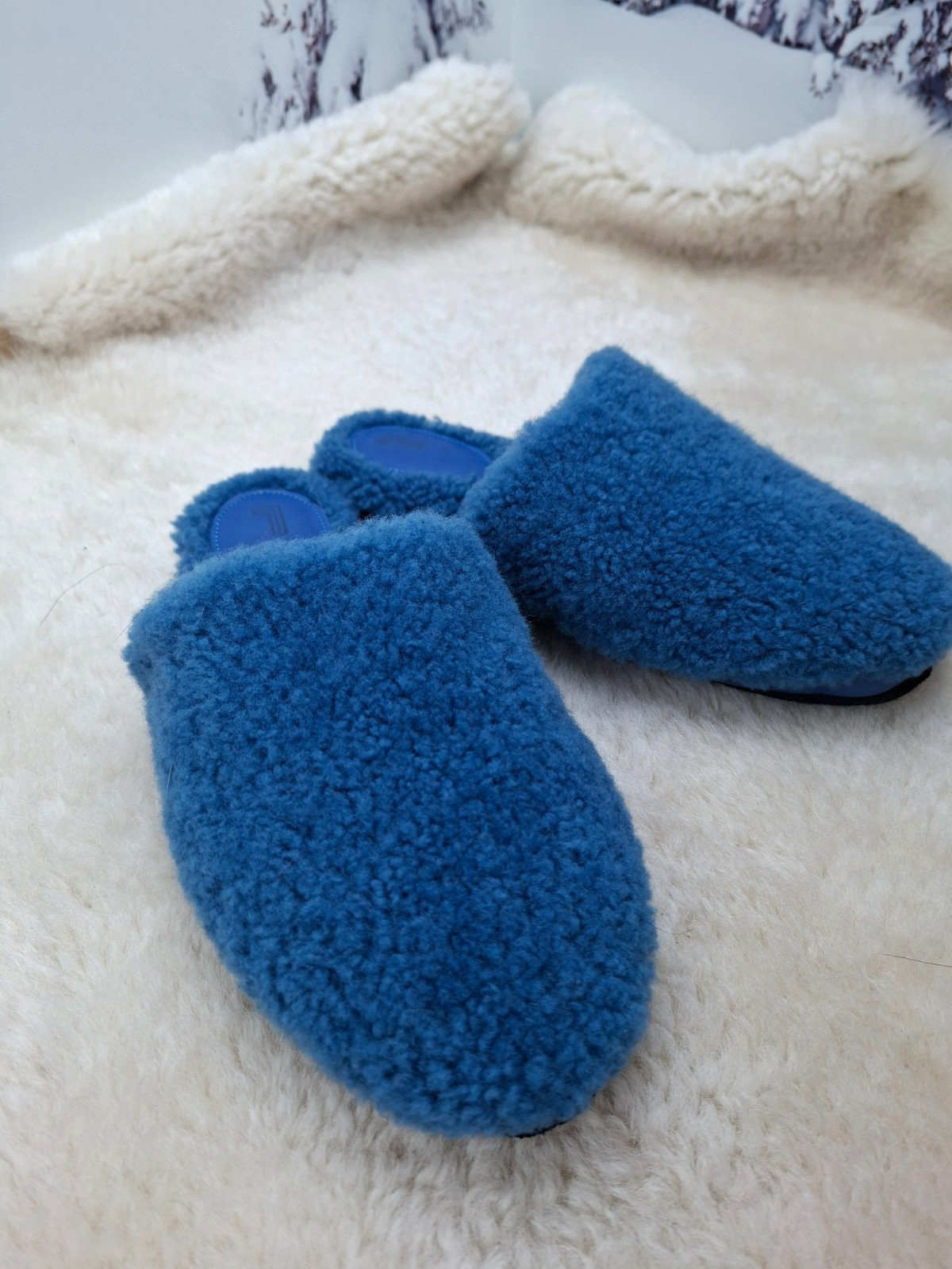 Blue Sheepskin Fur Slippers for Women, Genuine Fur Home Shoes, Gift for women