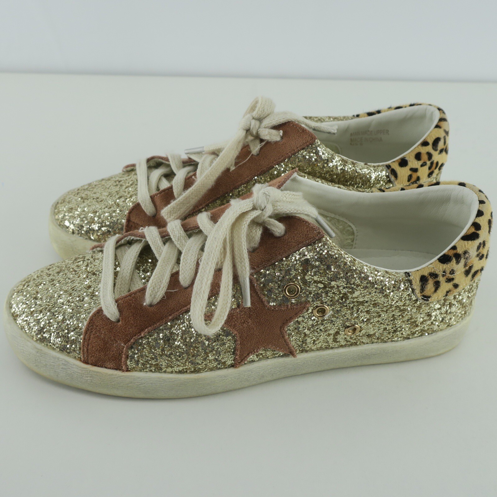 Mi.im Gold Glitter Leopard Print Star Sneakers Shoes Women’s Size 8