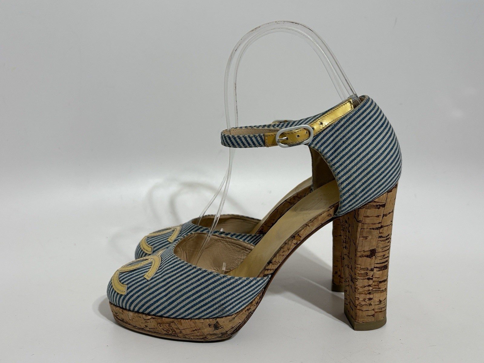 Vtg Chanel Blue CC Logo Striped Platform Heels 37