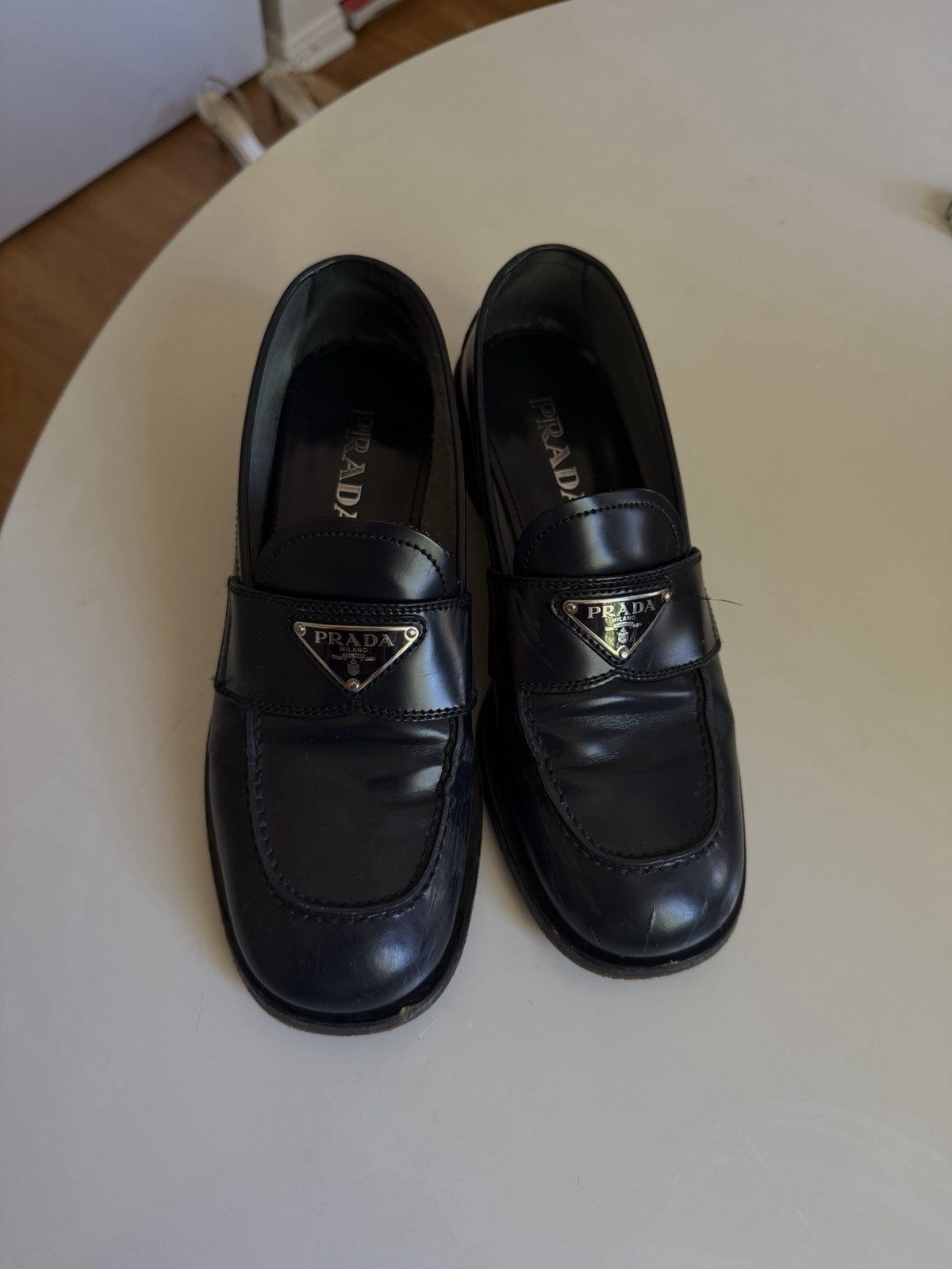 Prada Calfskin Logo Loafers in Bleu sz 7.5