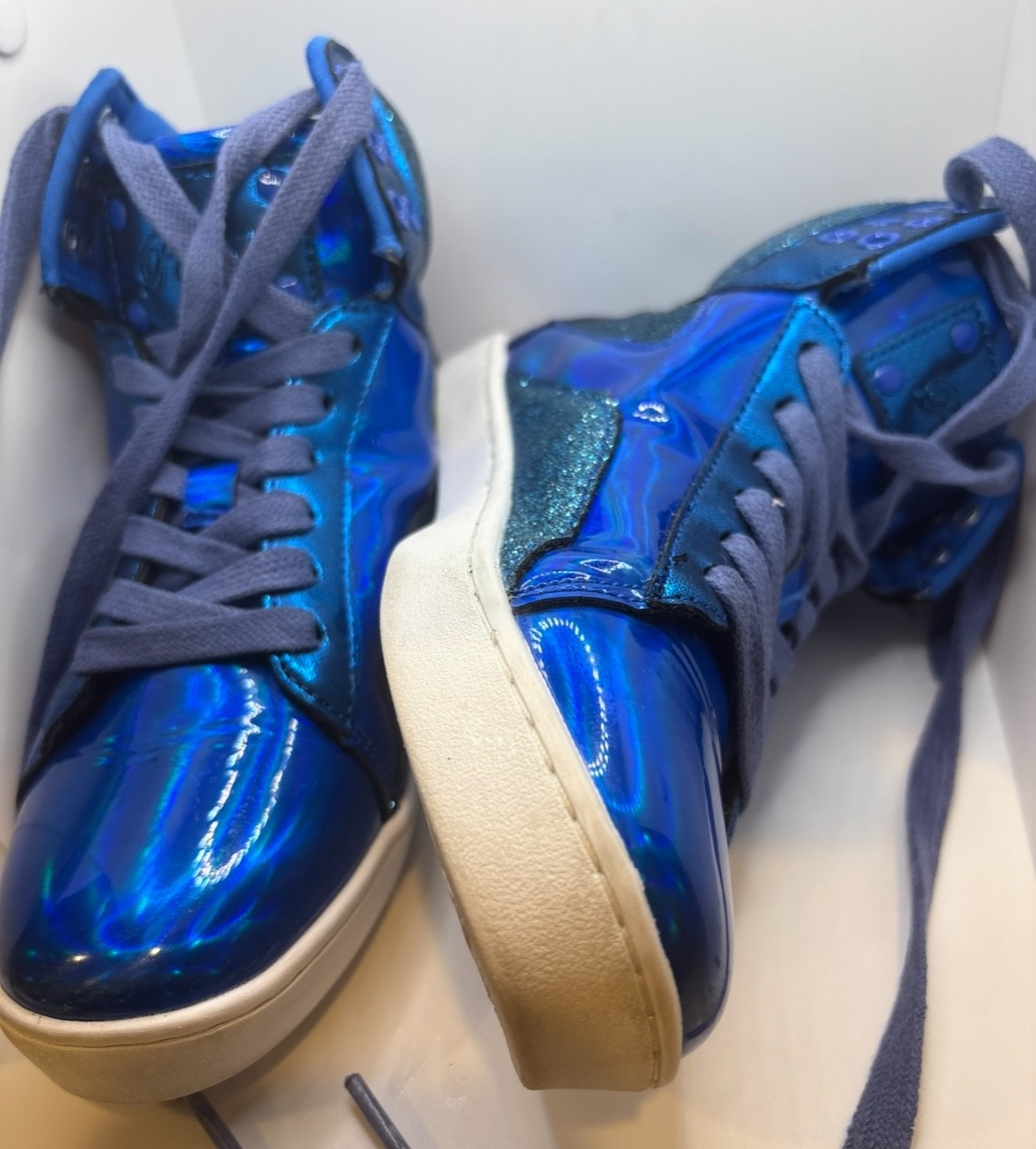 Pastry shoes womens size 5, blue high tops, shiny, Glam Pop Tart Glitter Dance