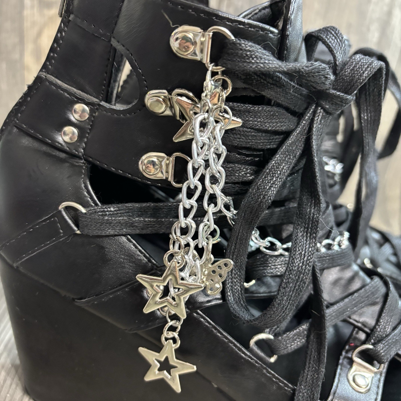 Goth Grunge Platform Gladiator Wedge Chain Charm Black Sandals Women’s 41/ 10