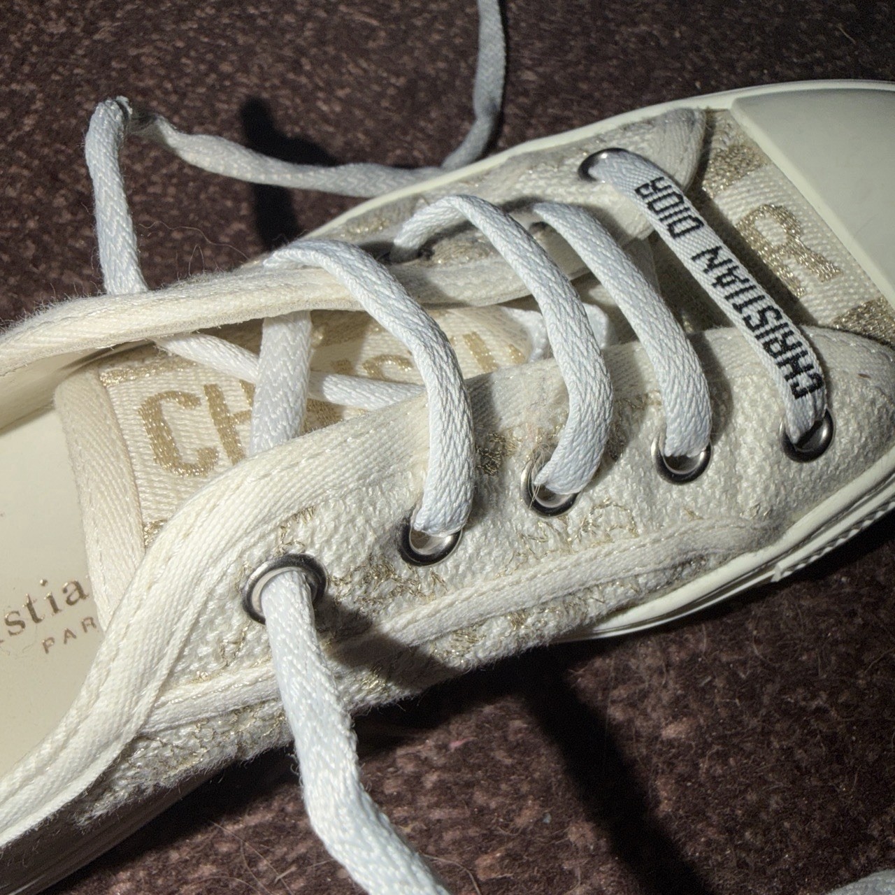 Christian Dior Women’s Low Top Lace-Up Canvas Logo Sneakers White Beige Gold
