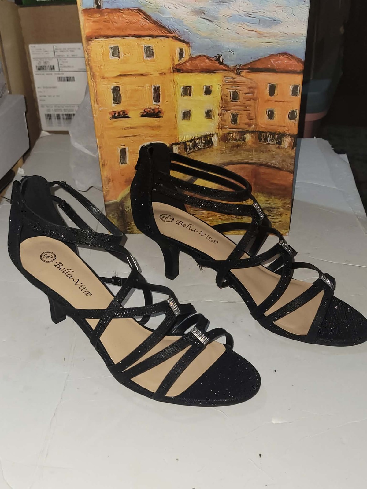 Women’s Bella Vita Karlette Dress Sandals Black Glitter Fabric 12 WW