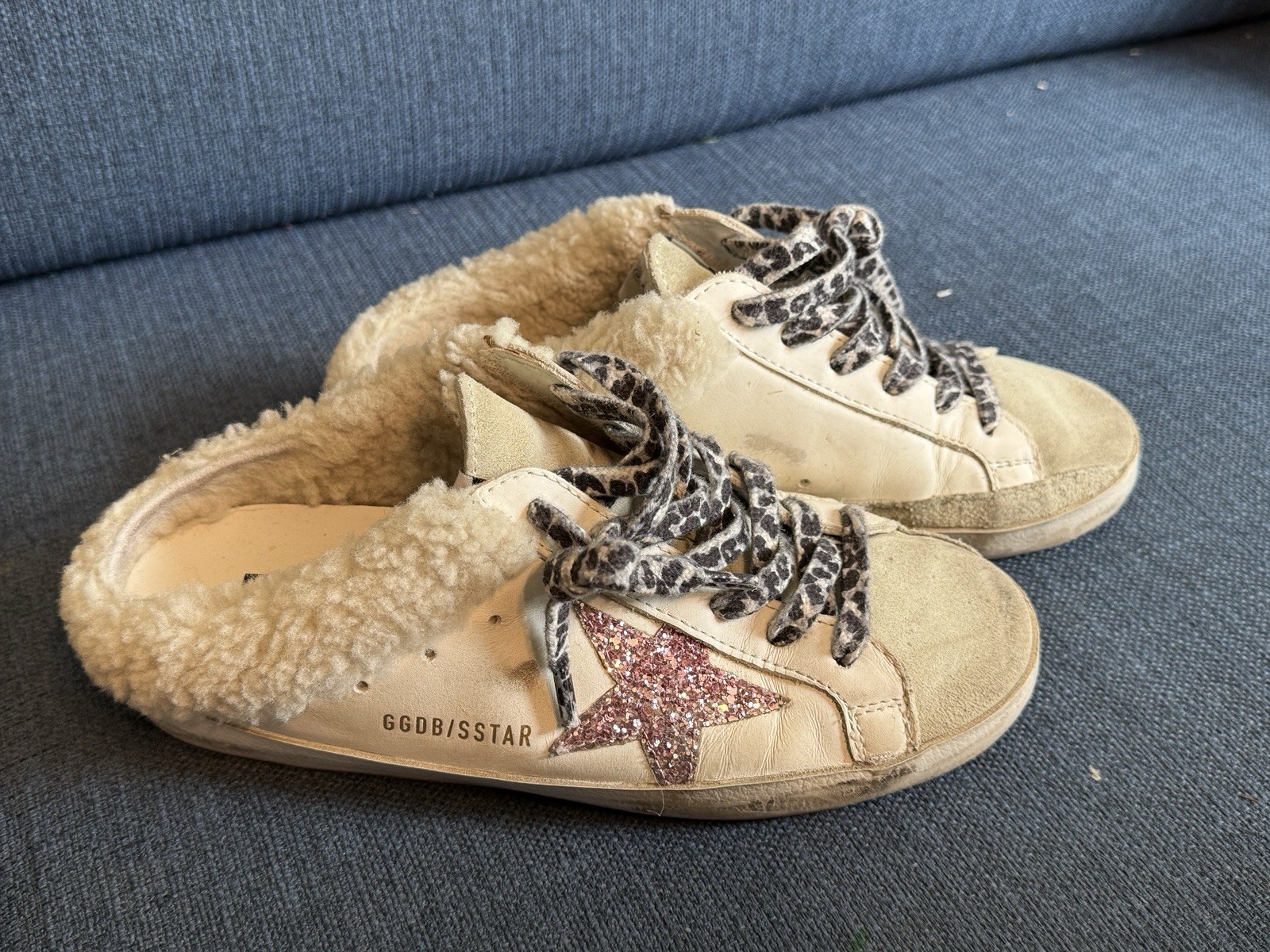 Golden Goose Superstar Sabots With Pink Glitter Star & Shearling Lining 36