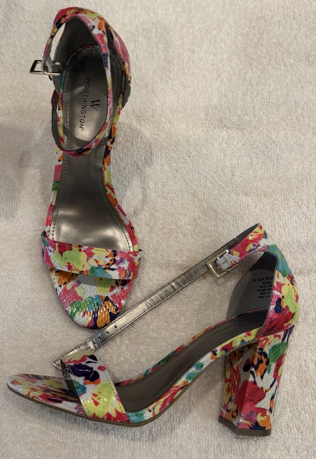 Worthington Floral Multicolor Open Toe Strappy Ankle Strap Block Heel 7 M
