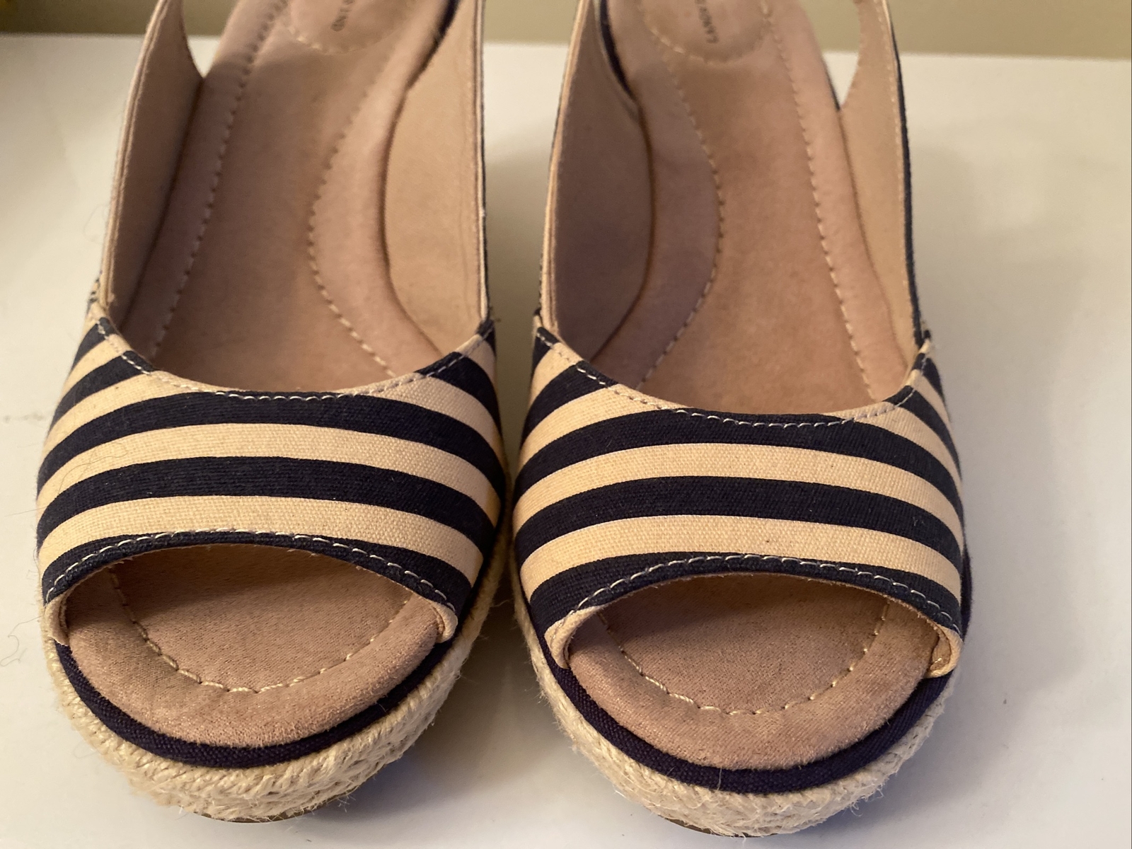 Lands End Mid Wedge Sandal Deep Sea Navy Beige Stripe Womens 8M Presley