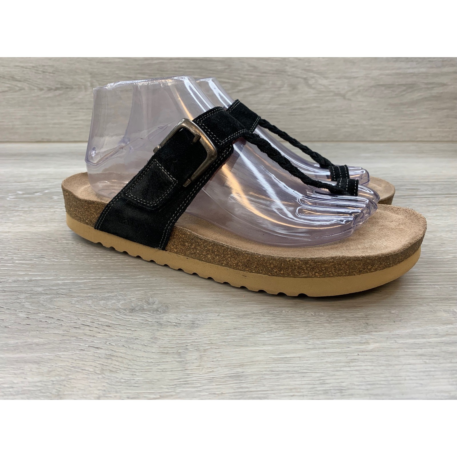 Taos Women’s Black Suede Braided T-Strap Toe Loop Cork Sandals EU 41 US 10-10.5