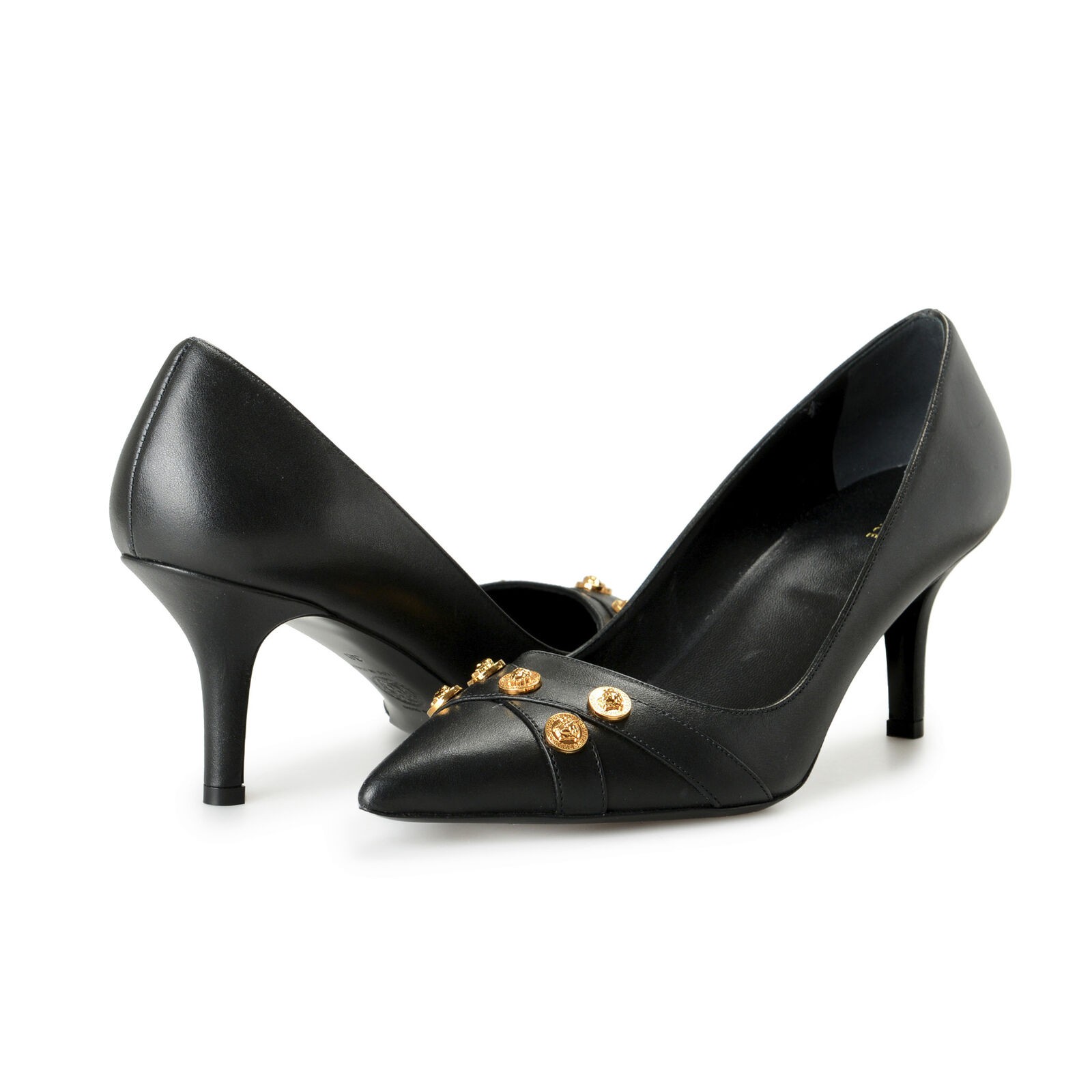 Versace Women’s Black Gold Medusa Logo Leather Heeled Pumps Shoes US 6 IT 36