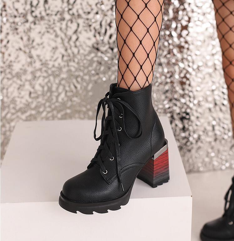Women’s Faux Leather Ankle Boots Lace Up Shoes Block Heel High Top Loafers Zip