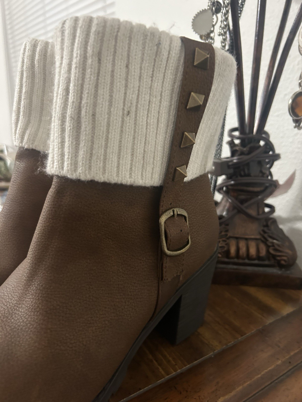 Secret Celebrity Brown Faux Leather Knit Ankle Bootie Zip Buckle Stud Cuff