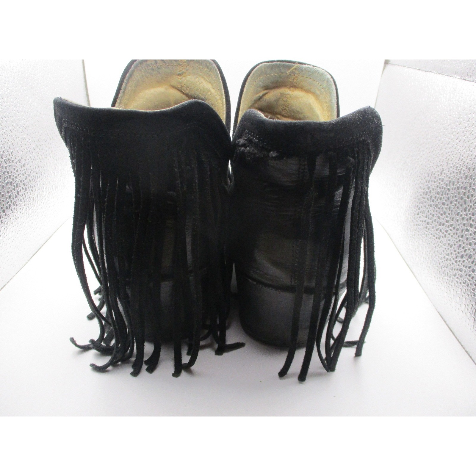 Black Leather Star Studded Pointed Toe Ankle Boots Leopard Print Lining Womens
