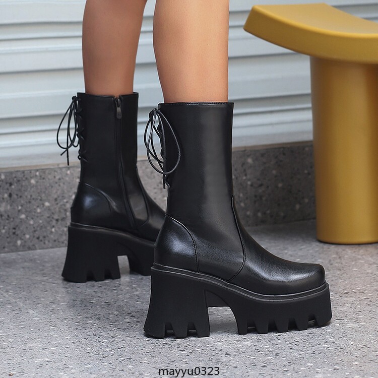 Womens Platform High Block Heel Zip Square Toe Casual Ankle Boots Shoes Biker