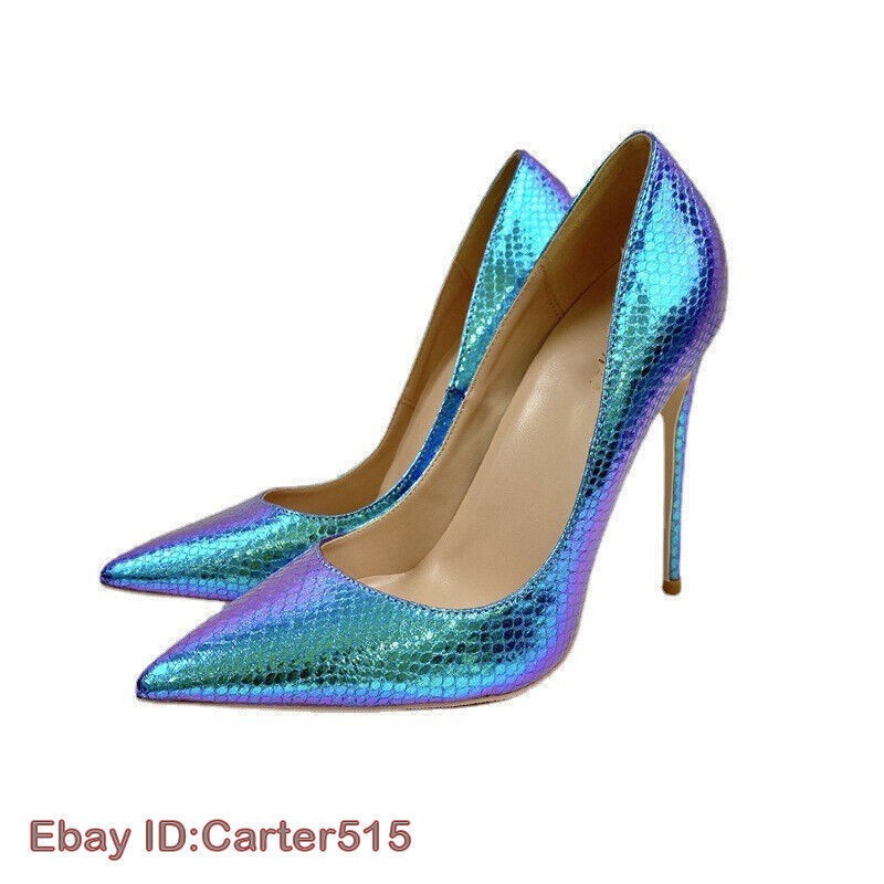 Sexy Lady Faux Leather High Heels Blue Hologram Iridescent Light Color Shoes