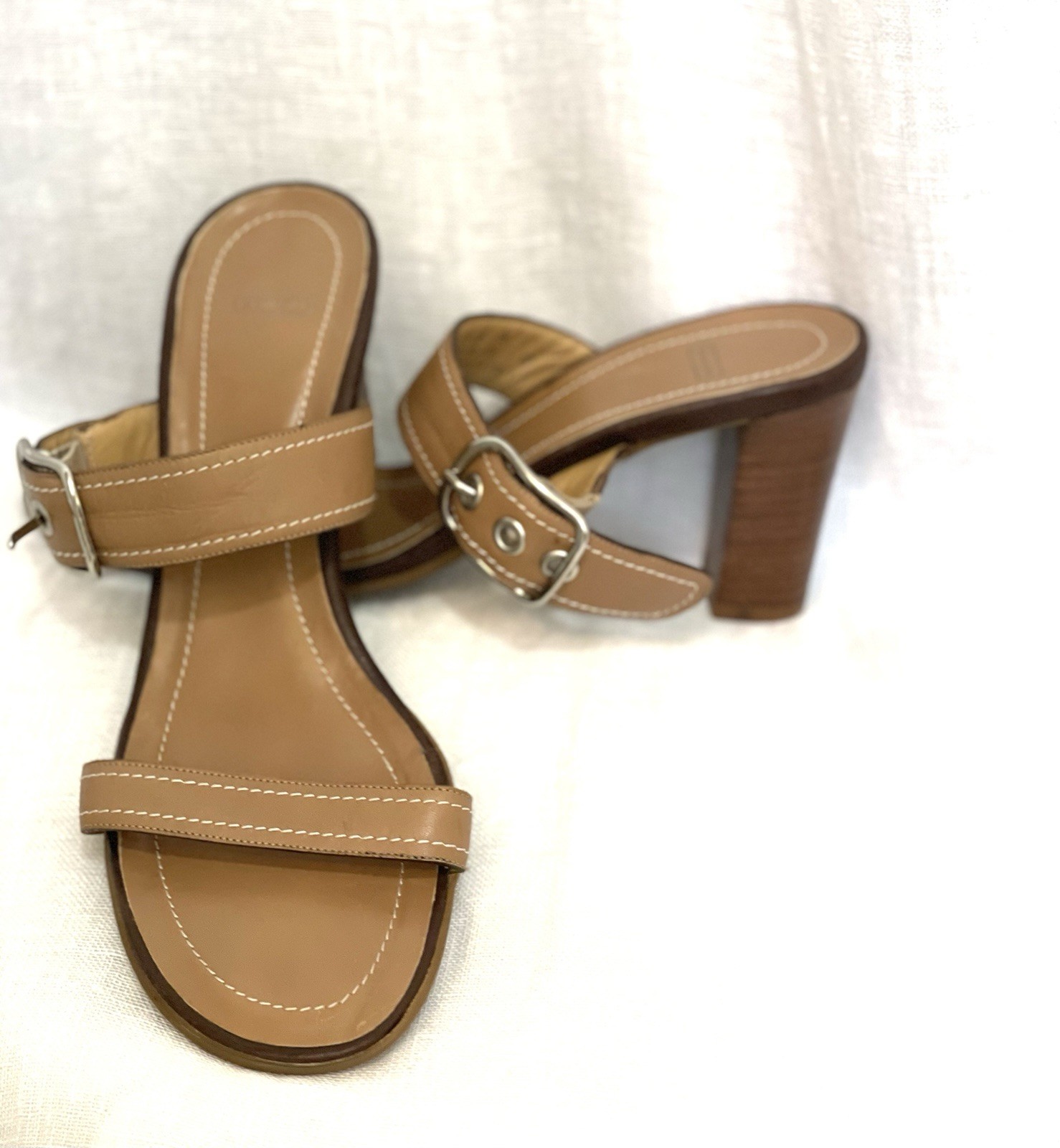 Coach Café Au Lait Nicki Leather 2 Straps, 3in Heel Women’s Sandals, Italy Sz 6B