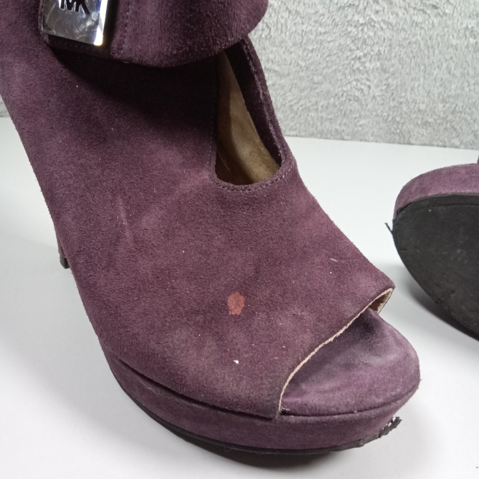 Michael Kors Plum Purple Suede Peep Toe Platform Ankle Boots MK Logo 7M