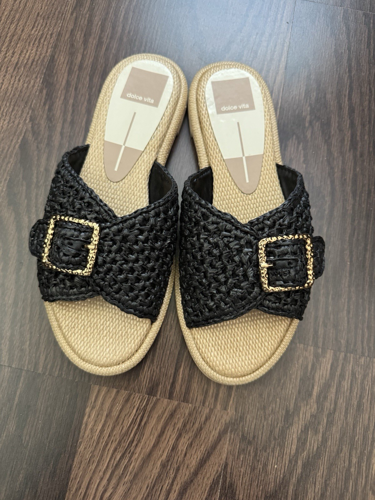 Dolce Vita NEW Alonzo black Raffia Buckle Slide Flat Sandal Size 7