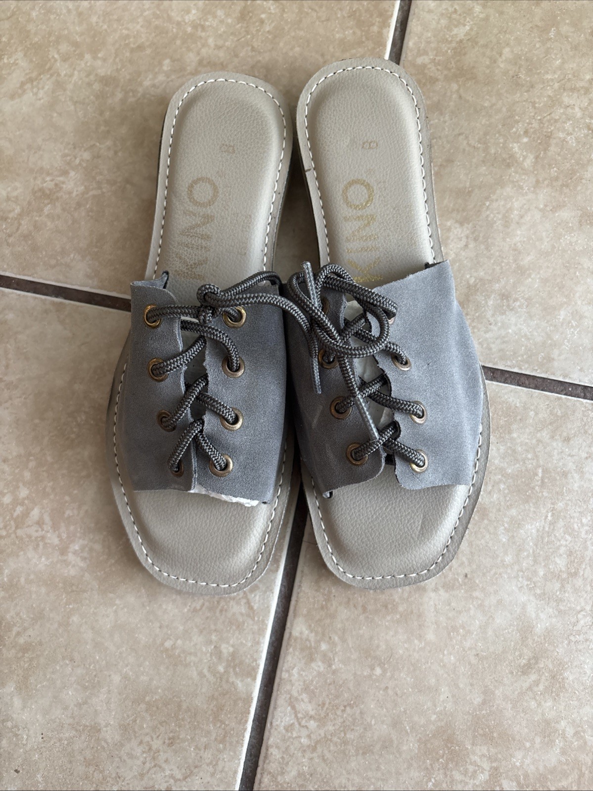Kino Chancletta Handmade In Key West Womens Suede LaceUp Slide Sandals Grey Sz 8