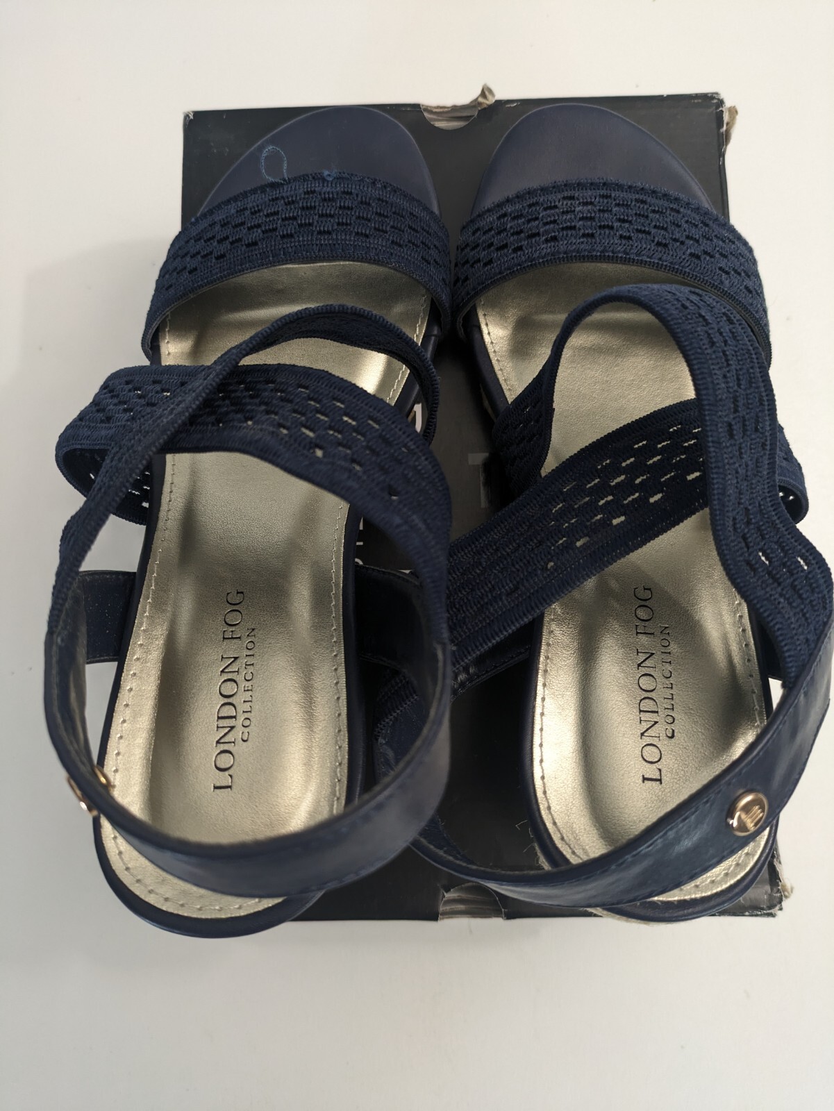 LONDON FOG Womens Pickwick Open Toe Espadrille Stretch Wedge Sandals Navy 8.5