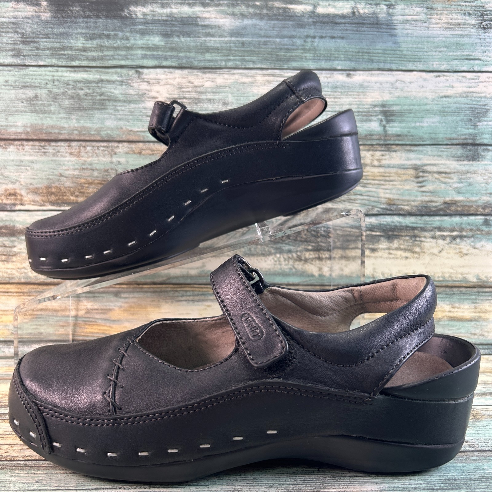 WOLKY Cloggy Mary Jane Clog Size 7 Black Leather Casual Comfort Adjustable Shoe