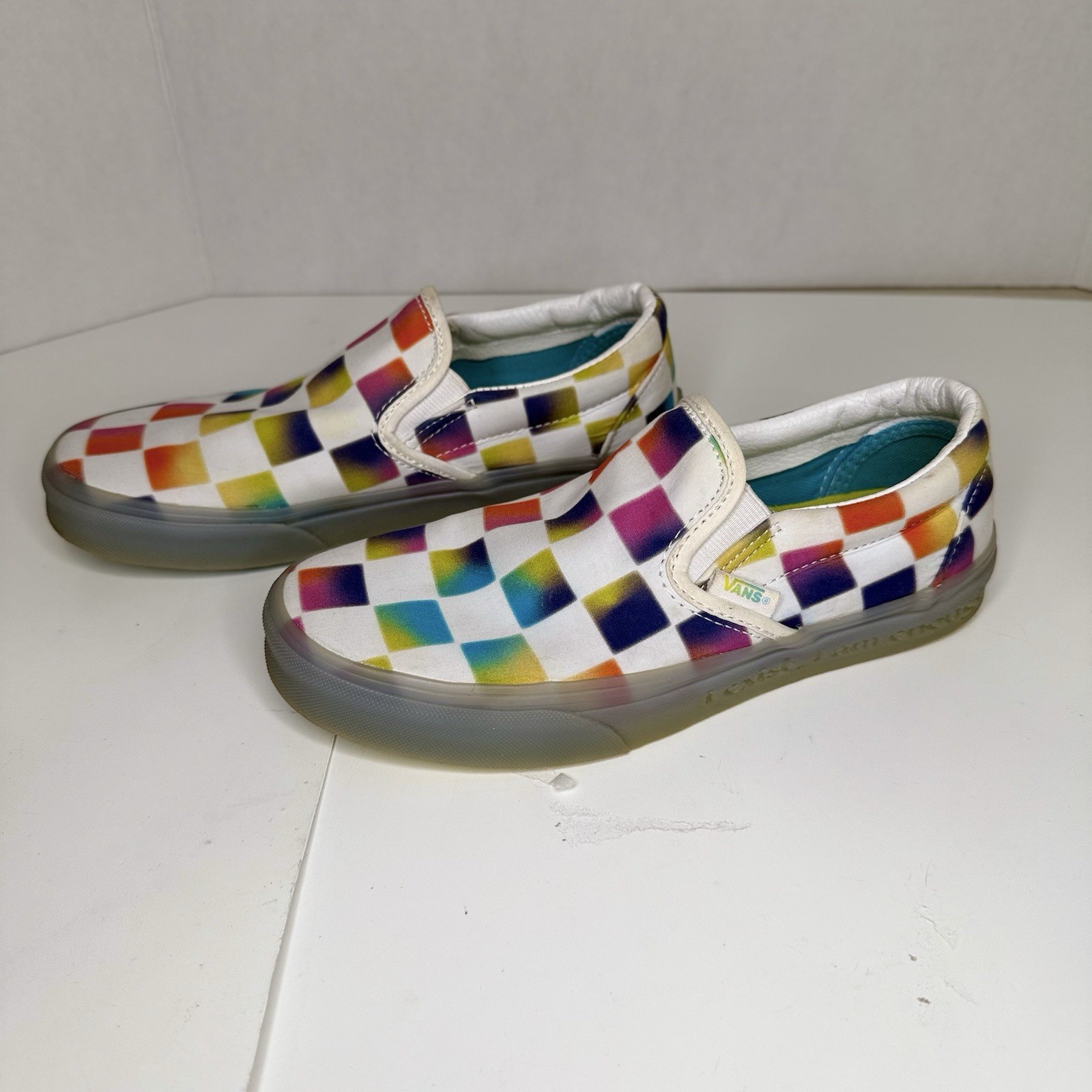 Vans Classic Slip-On «Cultivate Care» Rainbow Checks Men Sz 5.5 Women Sz 7
