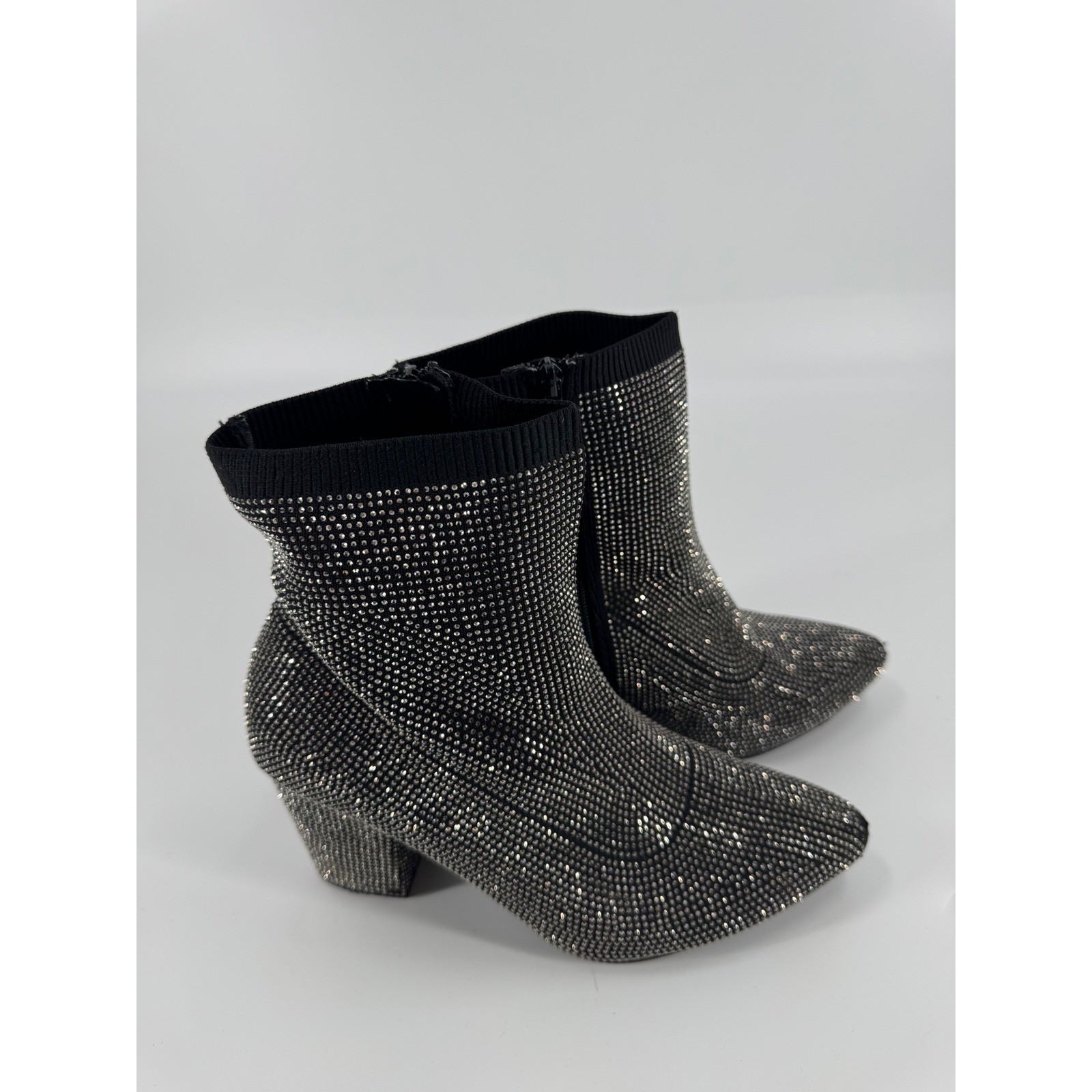 Sparkle Rhinestone Sock Booties Block Heel Pointed Toe Women Size 8.5 WW