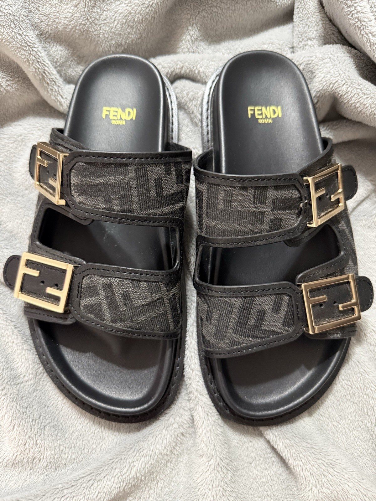 Fendi Women’s Slide Sandals Black/Gray FF Logo Buckle Adjustable Strap