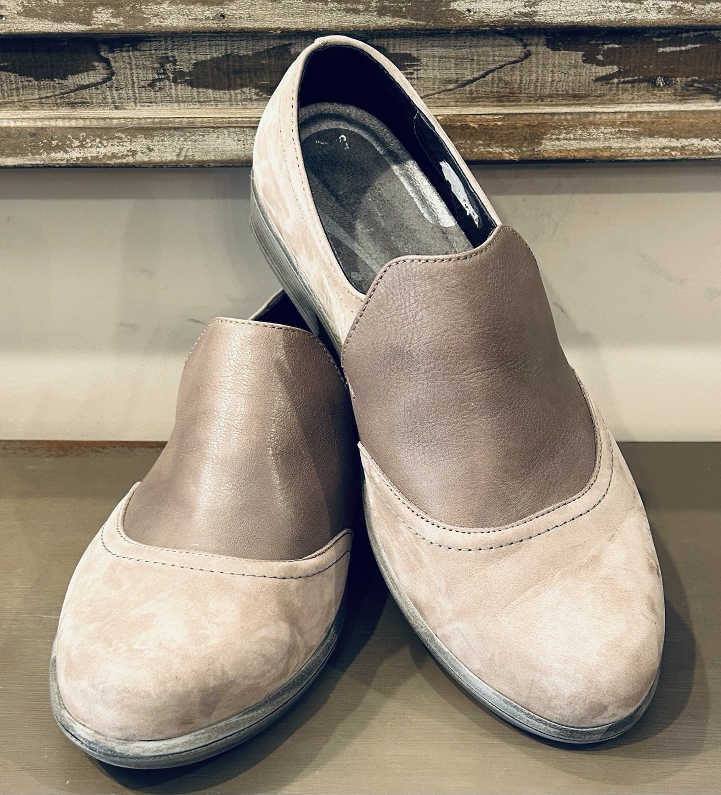 NAOT Women’s Angin Nubuck Taupe Leather Slip On Loafers Comfort EU 37 US 6/6.5