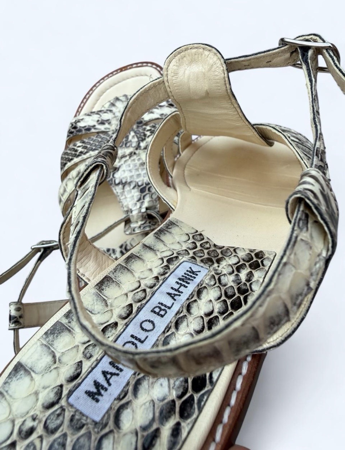 Manolo Blahnik Designer White & Black Snake Print Strappy Sandals Size EU 36.5